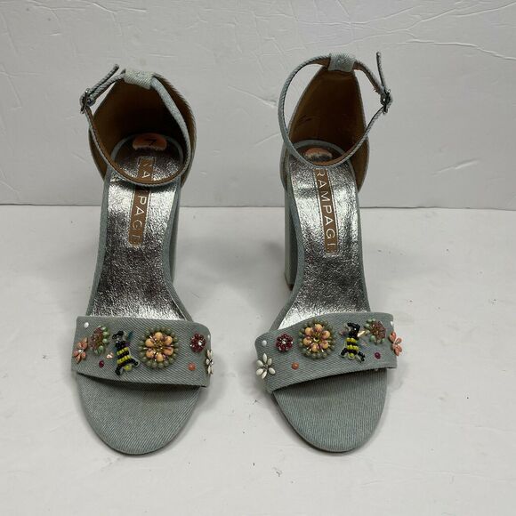 Rampage Skye Denim Bee Flower Embellished Ankle Strap Sandal Heels Size 7 - Picture 3 of 9